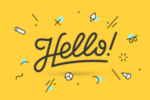 The word “hello” in fancy script on a yellow background